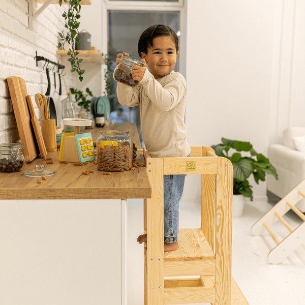 Baltos spalvos/natūralios spalvos iš pušies masyvo mokymosi bokštas Montessori – Meowbaby-image-2