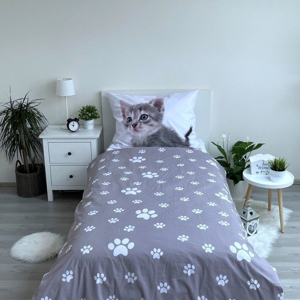 Baltos spalvos/pilkos spalvos iš medvilnės viengulė vaikiška patalynė 140x200 cm Kitten "Grey" – Jerry Fabrics-image-2