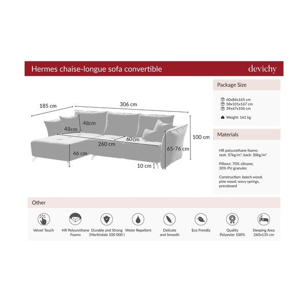 Tamsiai rožinė aksominė kampinė sofa-lova Devichy Hermes, kairysis kampas-image-4