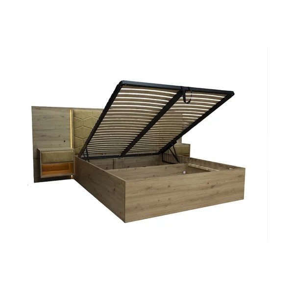 Žalios spalvos dvigulė lova audiniu dengta/iš medžio drožlių plokštės su sandėliavimo vieta su lovos grotelėmis 160x200 cm Palmeraie – Bobochic Paris-image-4