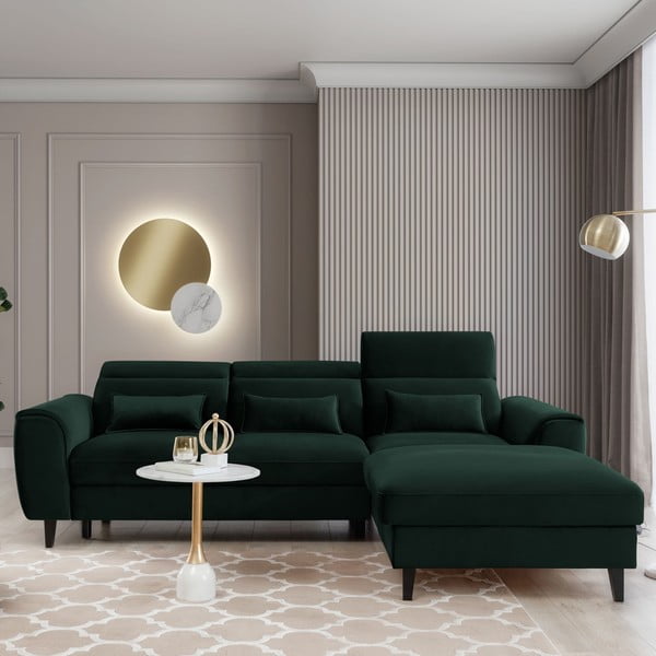 Tamsiai žalios spalvos iš velveto sulankstoma/su sandėliavimo vieta kampinė sofa (su dešiniuoju kampu/su gultu) Foble – ELTAP-image-1