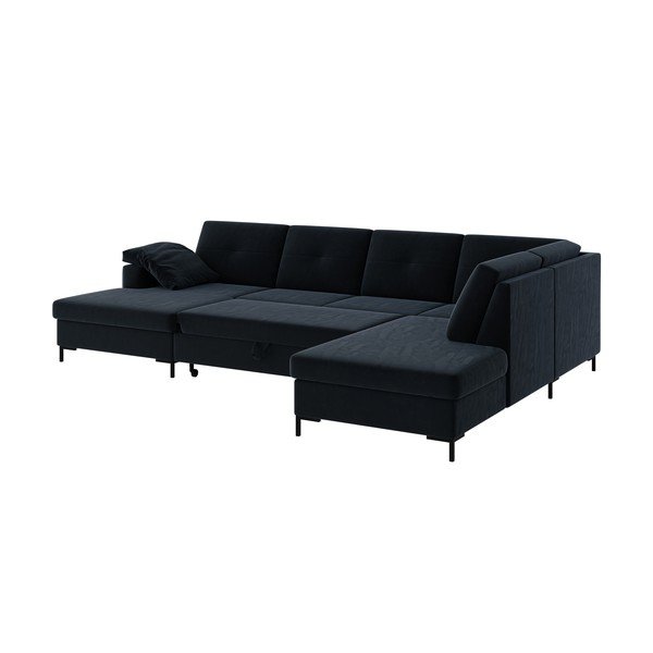 Tamsiai mėlyna aksominė U formos sofa-lova Ghado Moor, dešinysis kampas-image-4