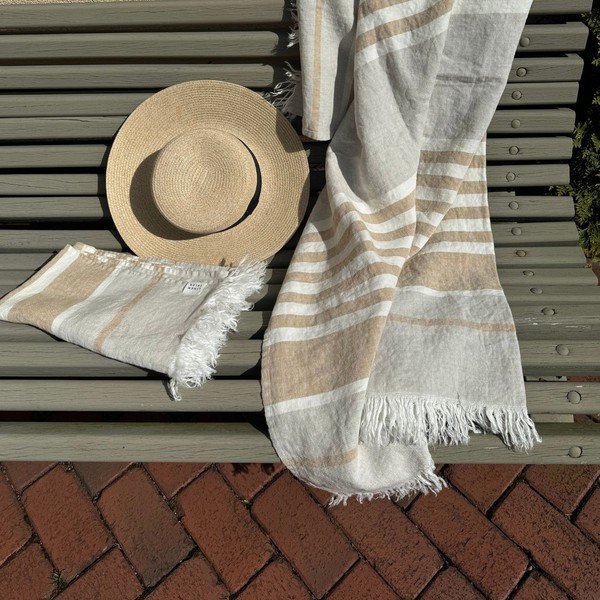 Iš lino paplūdimio rankšluostis smėlio spalvos 85x140 cm Allure Stripe – Linen Tales-image-2