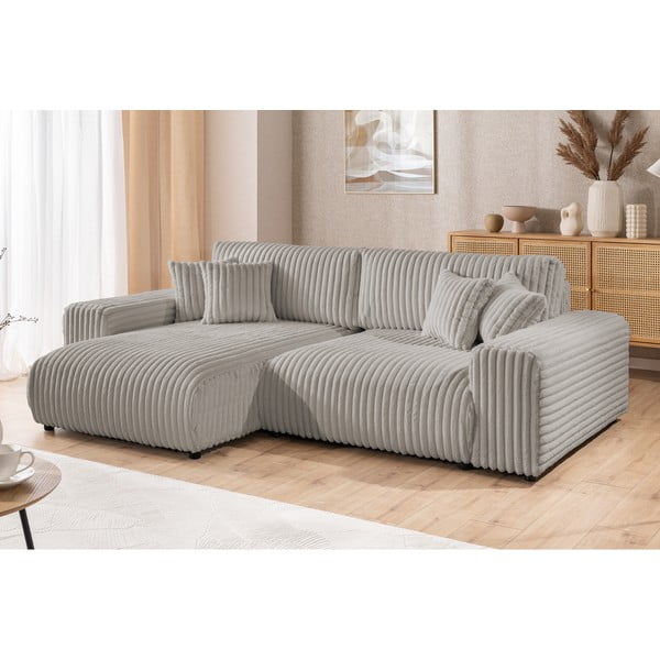 Šviesiai pilkos spalvos iš kordinio velveto sulankstoma/su sandėliavimo vieta kampinė sofa (su kairiuoju kampu) Sarina – Ropez-image-4