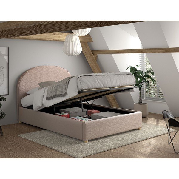 Rožinės spalvos dvigulė lova audiniu dengta su sandėliavimo vieta su lovos grotelėmis 140x200 cm Moon – Vipack-image-2