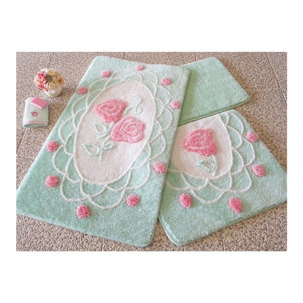 Trijų žalių vonios kambario kilimėlių su rožių motyvais rinkinys Knit Knot