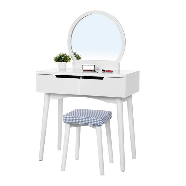 Baltas medinis tualetinis staliukas su veidrodžiu, kėde ir dviem stalčiais Songmics