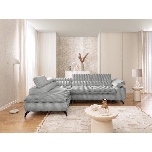 Šviesiai pilkos spalvos kampinė sofa iš kordinio velveto (su kairiuoju kampu/„L“ formos) Marbeya  – Ropez-image-4