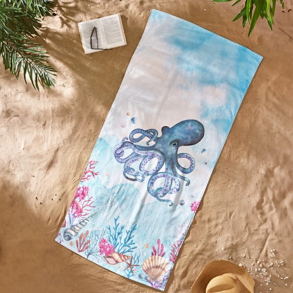Mėlynos spalvos iš medvilnės paplūdimio rankšluostis 76x160 cm Octopus – Catherine Lansfield-image-1