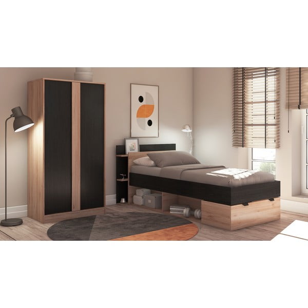 Drabužių spinta juodos spalvos/natūralios spalvos iš ąžuolo 90x180x53 cm Dennis – Marckeric-image-4