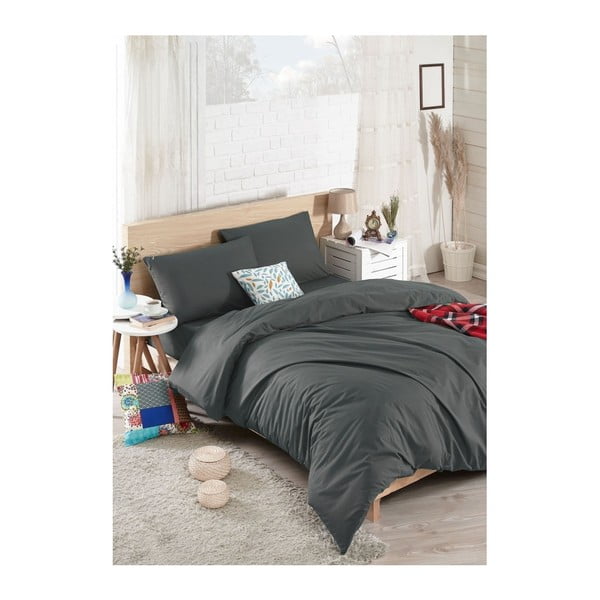 Tamsiai pilka medvilninė patalynė su paklode viengulėlei lovai Materro Gris, 160 x 220 cm