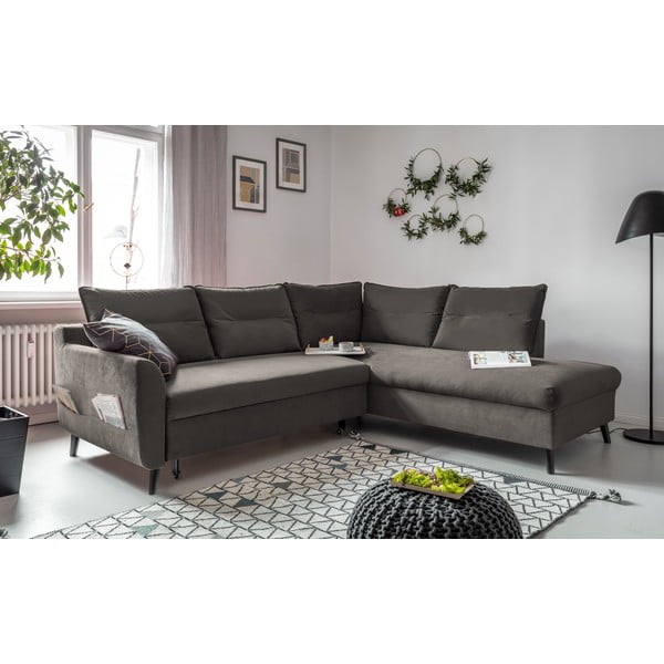 Tamsiai pilka velvetinė kampinė sofa-lova Miuform Stylish Stan, dešinysis kampas-image-3