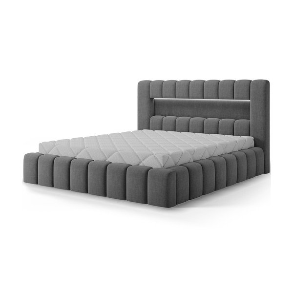 Pilkos spalvos dvigulė lova dengta audiniu su sandėliavimo vieta su lovos grotelėmis 140x200 cm Lamica – ELTAP