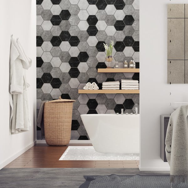 28 dekoratyvinių sieninių lipdukų rinkinys Ambiance Hexagons Marble, 10 x 9 cm