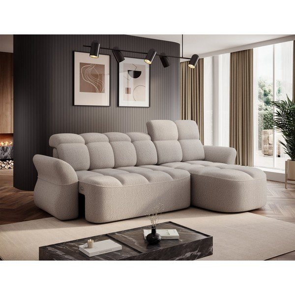Smėlio spalvos iš boucle sulankstoma/su sandėliavimo vieta kampinė sofa (su dešiniuoju kampu/su gultu) Beneth – ELTAP-image-4