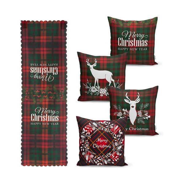 4 kalėdinių pagalvių užvalkalų ir staltiesės rinkinys Minimalist Cushion Covers Tartan Christmas