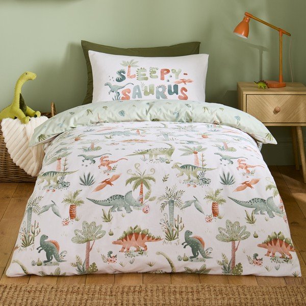 Kreminės spalvos iš flanelės viengulė vaikiška patalynė 135x200 cm Brushed Sleepy Saurus Dino – Catherine Lansfield-image-1