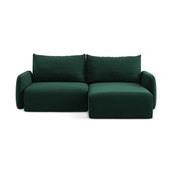 Tamsiai žalios spalvos sulankstoma/su sandėliavimo vieta kampinė sofa iš velveto (su dešiniuoju kampu/su gultu) Kalena – Makamii