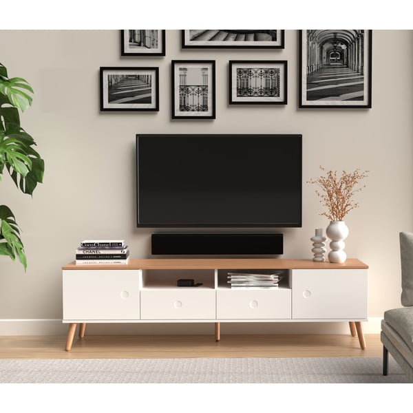 Baltas TV staliukas su ąžuolinėmis kojomis Tenzo Dot, plotis 192 cm-image-1