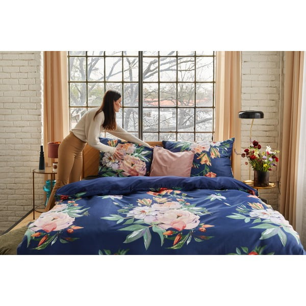 Tamsiai mėlynos spalvos dvivietė patalynė iš medvilnės satino Bonami Selection Floret, 200 x 220 cm-image-4