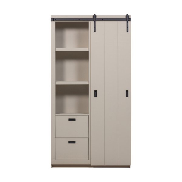 Pilkai smėlinės spalvos iš pušies masyvo spintelė su stumdomomis durimis 122x230x37 cm Slide – vtwonen