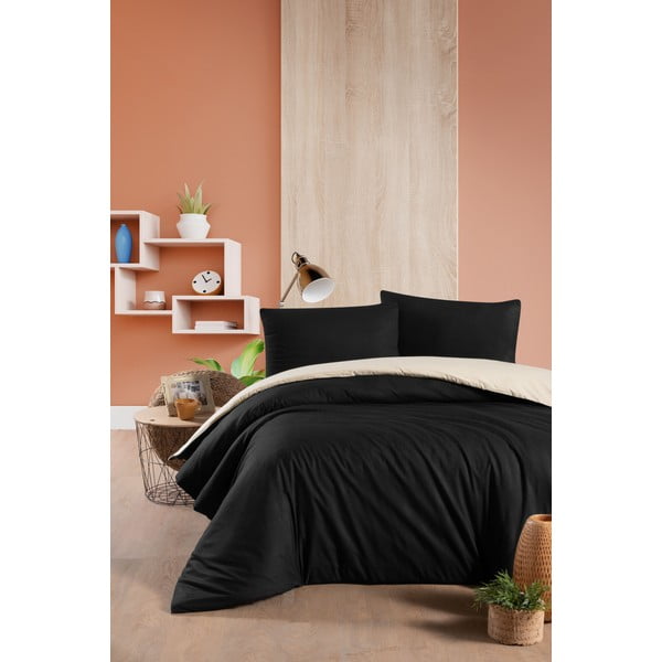 Juodos ir kreminės spalvos medvilninė patalynė dvivietei lovai / prailginta paklode 200x220 cm - Mila Home-image-1
