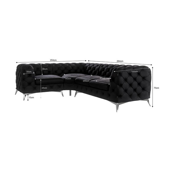 Juodos spalvos iš velveto kampinė sofa (su kairiuoju kampu/„L“ formos) Chelsea – Ropez-image-3