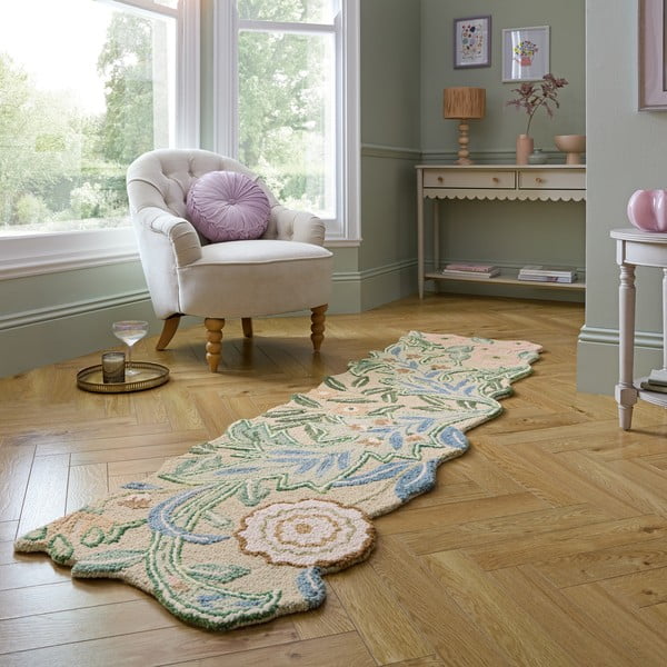 Rankų darbo iš vilnos kilimas žalios spalvos 60x230 cm Bryony Shaped Floral – Flair Rugs-image-1