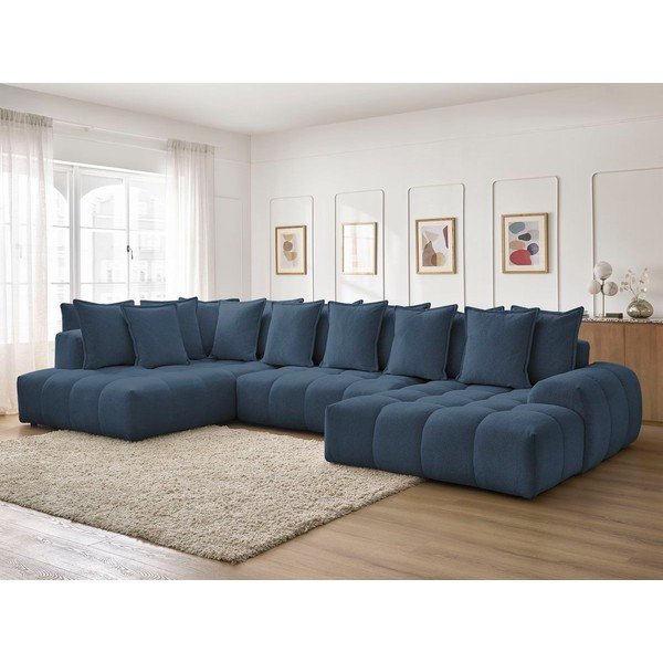Tamsiai mėlynos spalvos iš šenilinio audinio sulankstoma/su sandėliavimo vieta kampinė sofa (su kairiuoju kampu/„U“ formos) Everest – Bobochic Paris-image-1