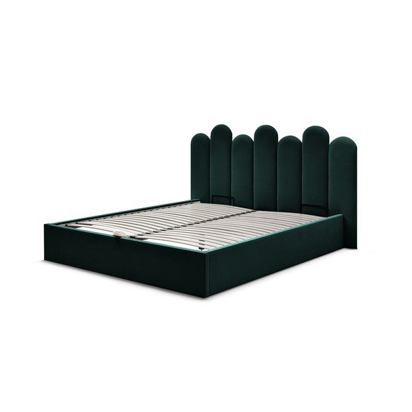 Dvigulė lova žalios spalvos audiniu dengta su sandėliavimo vieta su lovos grotelėmis 160x200 cm Badja – Bobochic Paris