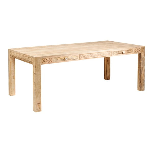 Valgomojo stalas su 2 stalčiais ir rankomis drožinėtomis detalėmis Kare Design Plain, 200 cm ilgio