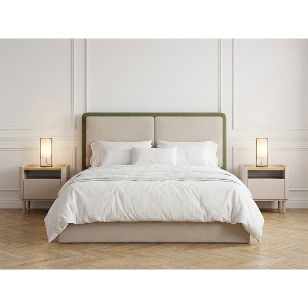 Žalios spalvos/smėlio spalvos iš audinio dvigulė lova su sandėliavimo vieta su lovos grotelėmis 180x200 cm Mara – Bobochic Paris-image-3