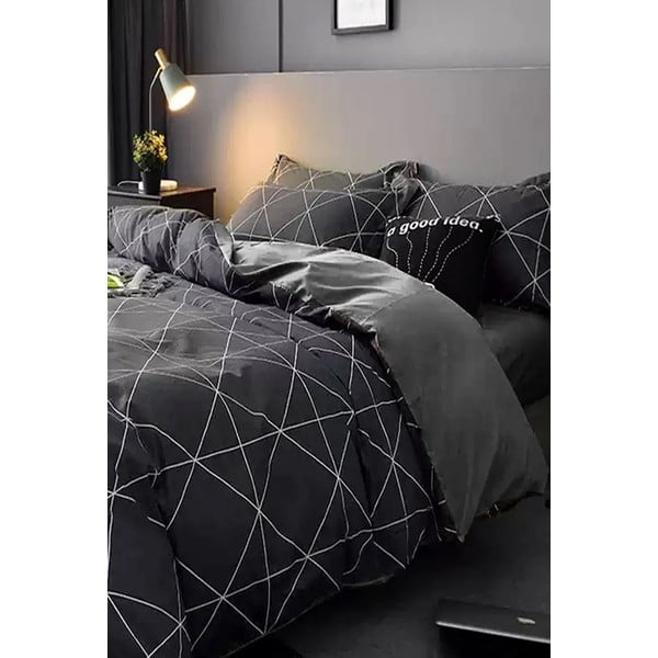 Tamsiai pilka medvilninė patalynė dvivietei lovai / prailgintai lovai su paklode 200x220 cm - Mila Home