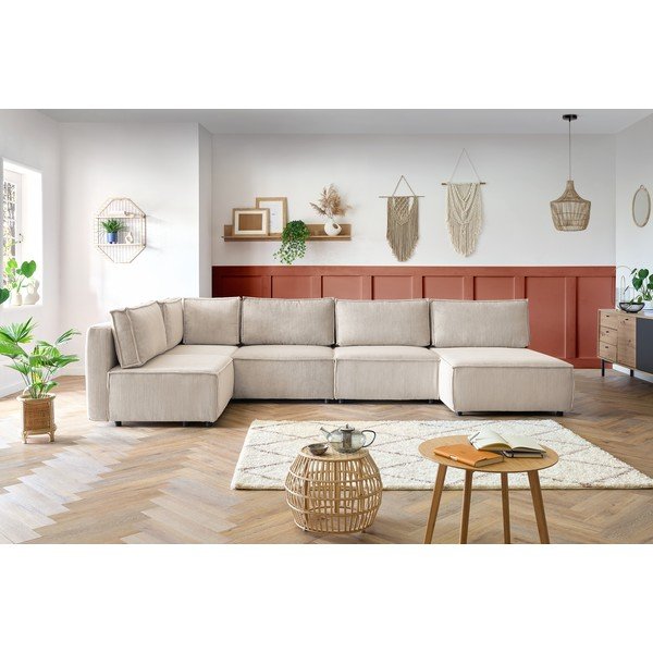 Kampinė sofa kreminės spalvos iš kordinio velveto („U“ formos/kintama) Nihad modular – Bobochic Paris-image-1