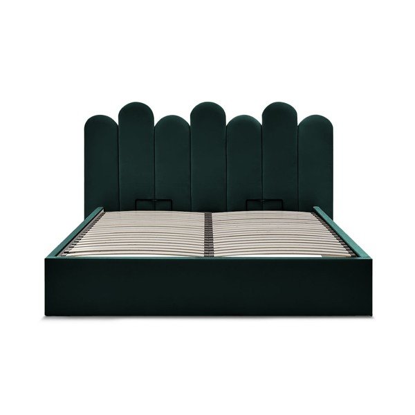 Dvigulė lova žalios spalvos audiniu dengta su sandėliavimo vieta su lovos grotelėmis 160x200 cm Badja – Bobochic Paris-image-3