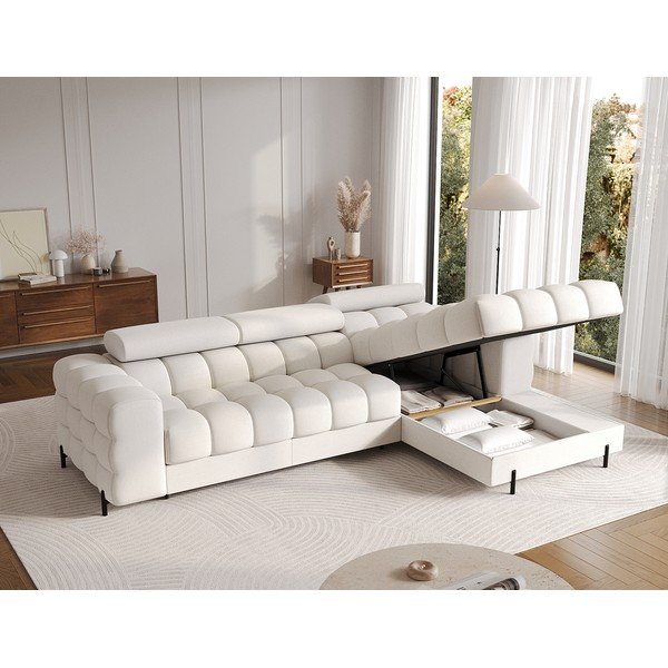 Kreminės spalvos iš boucle sulankstoma/su sandėliavimo vieta kampinė sofa (su dešiniuoju kampu/su gultu) Felro – ELTAP-image-3