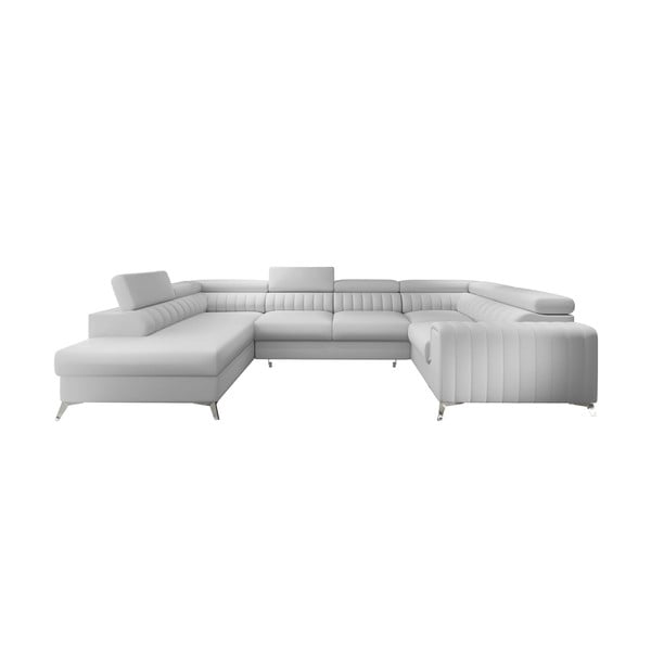 Baltos spalvos iš dirbtinės odos sulankstoma/su sandėliavimo vieta kampinė sofa (su kairiuoju kampu/„U“ formos) Louis – ELTAP