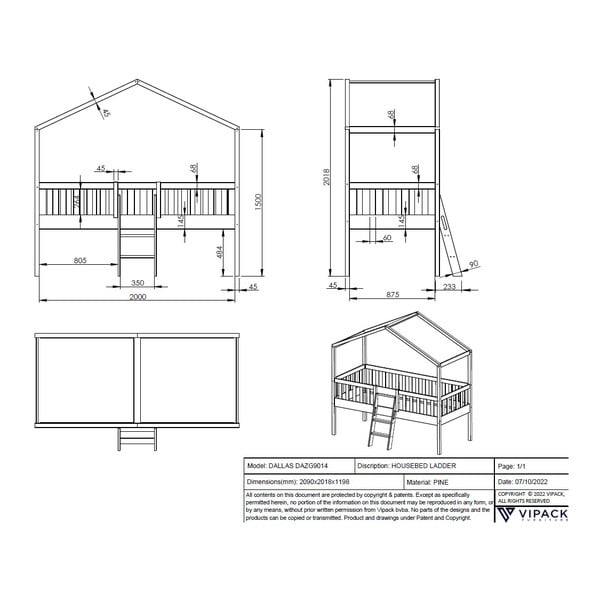 Paaukštinta vaikiška lova iš pušies masyvo baltos spalvos 90x200 cm DALLAS – Vipack-image-3