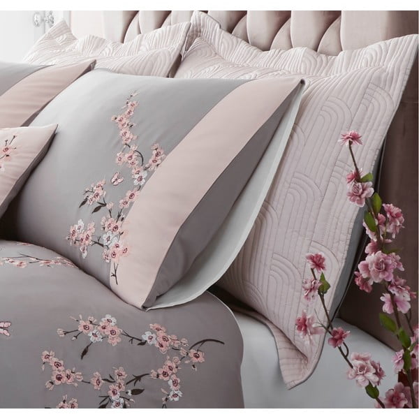 2 rausvų ir pilkų dygsniuotų užvalkalų rinkinys Catherine Lansfield Blossom, 75 x 50 cm-image-1