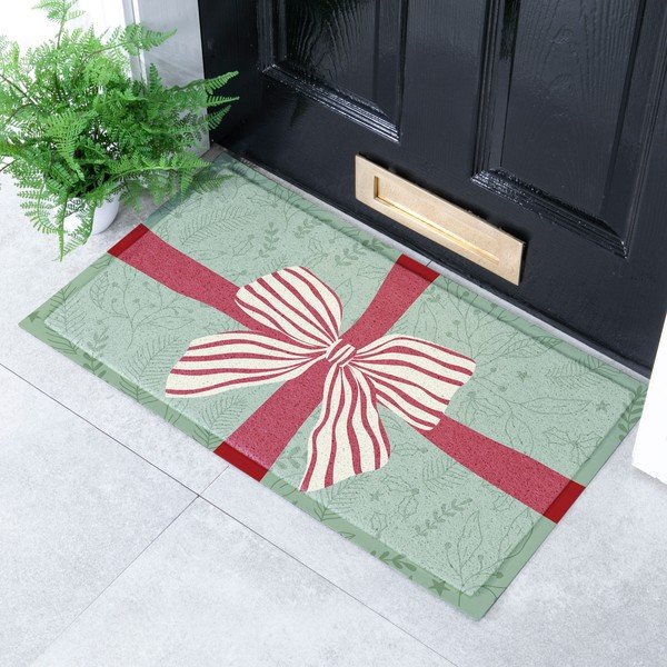 Iš perdirbto plastiko grindų kilimėlis su Kalėdų motyvu 40x70 cm Red & White Stripe Bow – Artsy Doormats-image-1