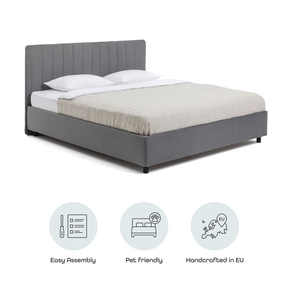 Pilkos spalvos dvigulė lova audiniu dengta su sandėliavimo vieta su grotelėmis 180x200 cm Myra Slim Line – Bonami Selection-image-4