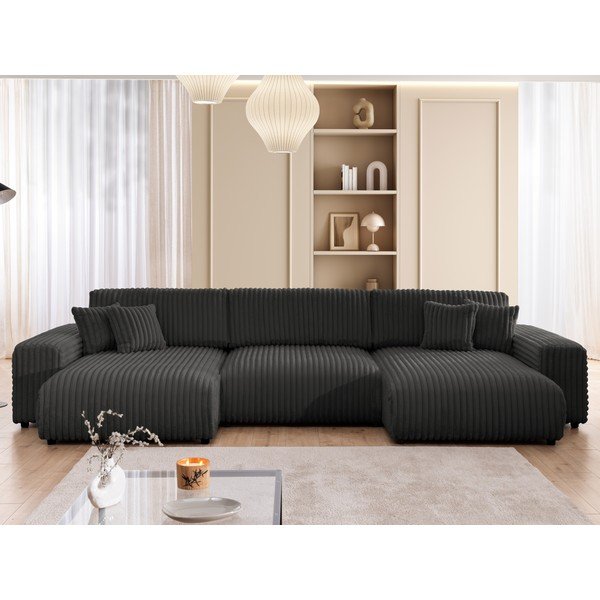 Tamsiai pilkos spalvos sulankstoma ir su sandėliavimo vieta kampinė sofa iš kordinio velveto („U“ formos) Sarina – Ropez-image-1