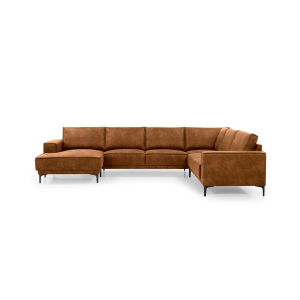 Iš dirbtinės odos kampinė sofa konjako rudos spalvos (su kairiuoju kampu/„U“ formos) Copenhagen – Scandic