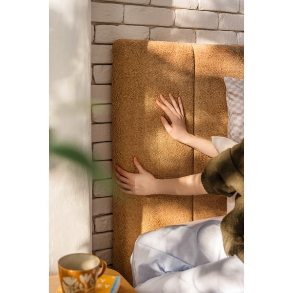 Garstyčių spalvos dvigulė lova audiniu dengta su sandėliavimo vieta su grotelėmis 160x200 cm Thessa Bold Line – Bonami Selection-image-3