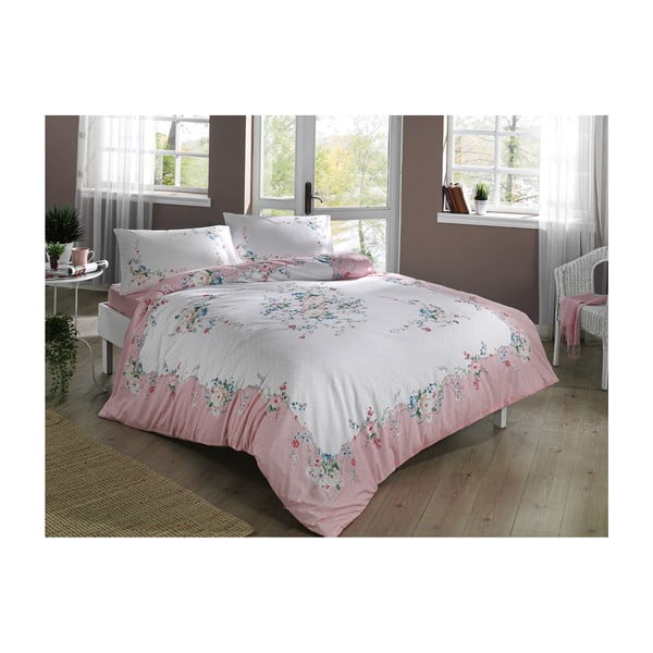 Medvilninė patalynė su paklode dvivietei lovai Madelyn V2 Pink, 200 x 220 cm