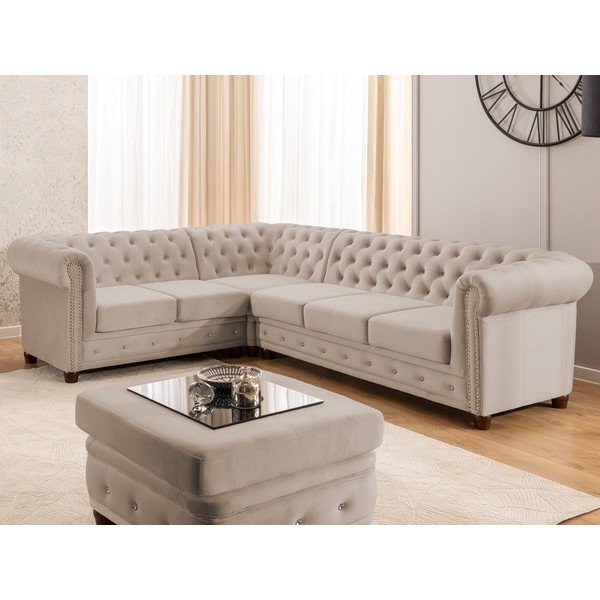 Smėlio spalvos sulankstoma kampinė sofa iš velveto (su kairiuoju kampu/„L“ formos) York Blik – Ropez-image-1