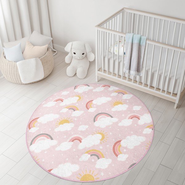 Skalbiamas rožinės spalvos vaikiškas kilimas ø150 cm Rainbow World – Mila Home-image-2