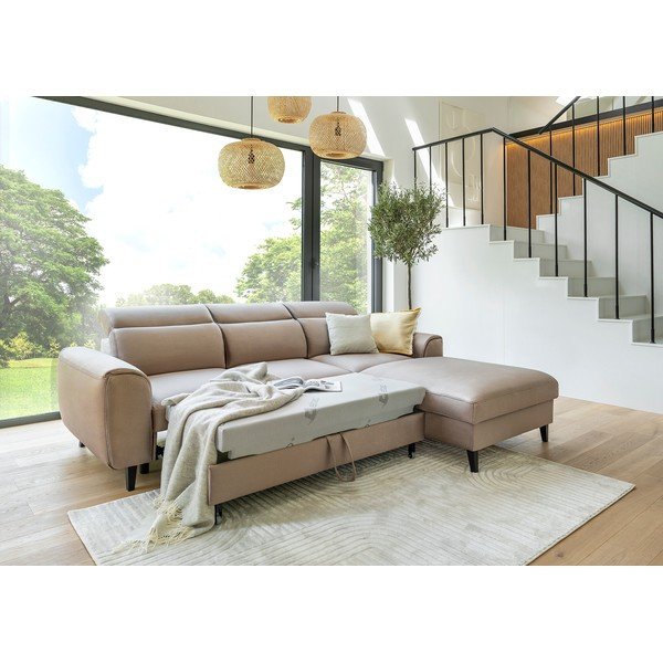 Šviesiai rudos spalvos iš velveto sulankstoma/su sandėliavimo vieta kampinė sofa (su dešiniuoju kampu/su gultu) Foble – ELTAP-image-2