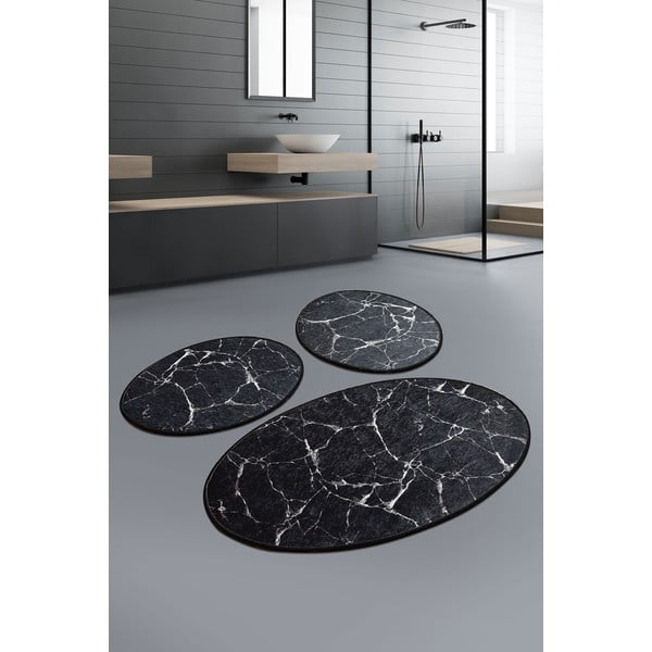 3 juodų ovalių vonios kilimėlių rinkinys Foutastic Marble