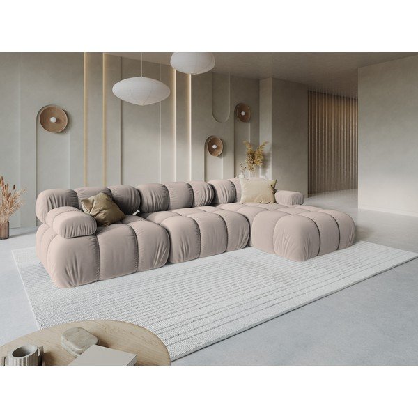 Smėlio spalvos modulinė kampinė sofa iš velveto (su dešiniuoju kampu/su gultu) – Micadoni -image-1